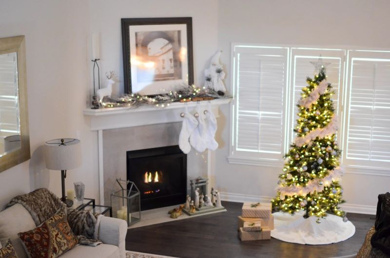 cute tree in white room near fireplace